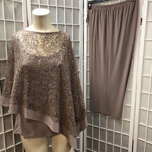 R&M Richards, Woman, Cocktail Pant+Sequin Poncho Blouse Set Formal,Brown,Sz 18.!